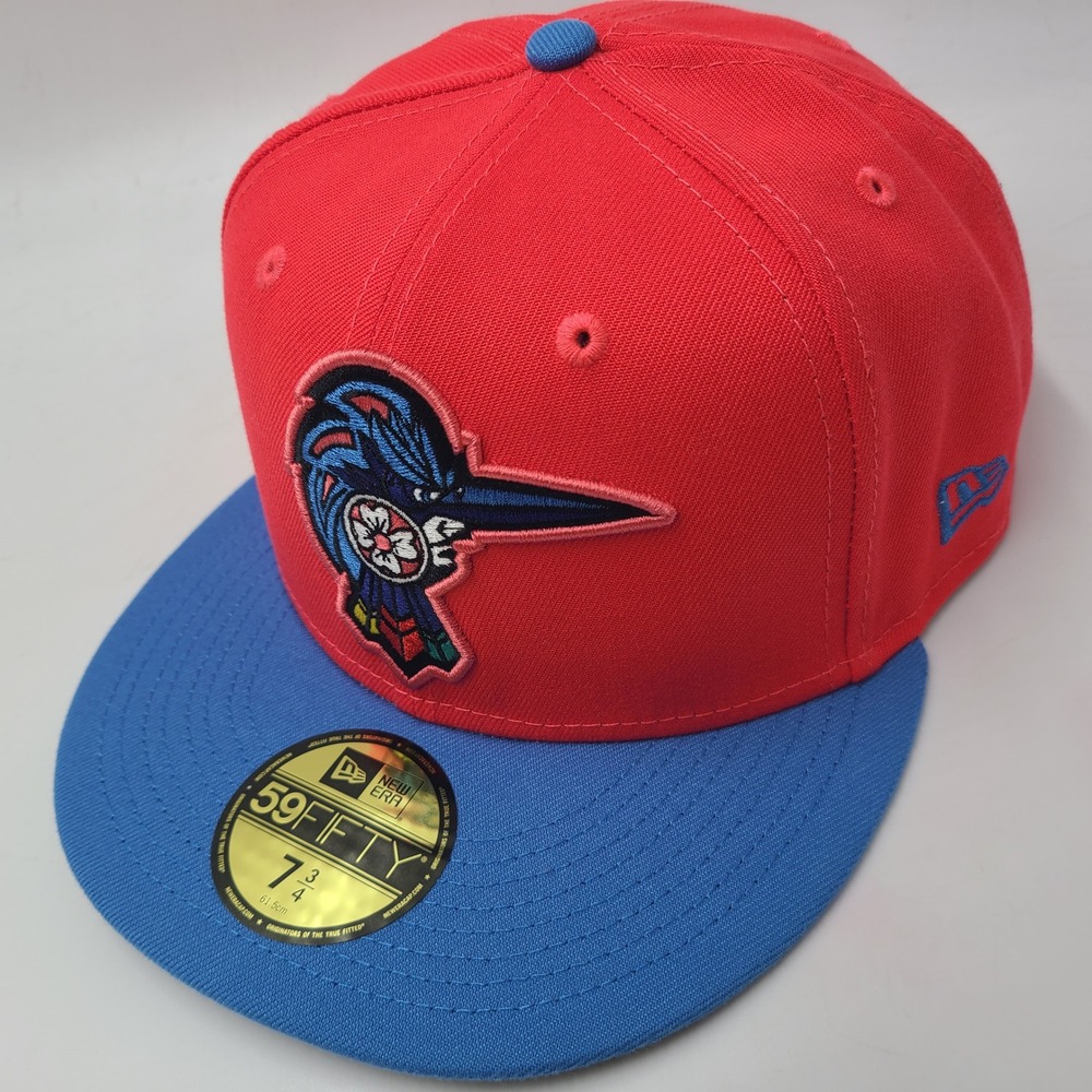 Fayetteville Woodpeckers Hat Fitted 7 3/4 New Era 59Fifty Coral Blue MiLB Copa